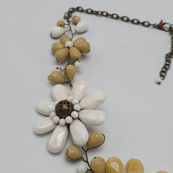 Boho Floral Necklace With Beige  White Polished Stones Chain Tassel Artisan - Picture 4 of 10